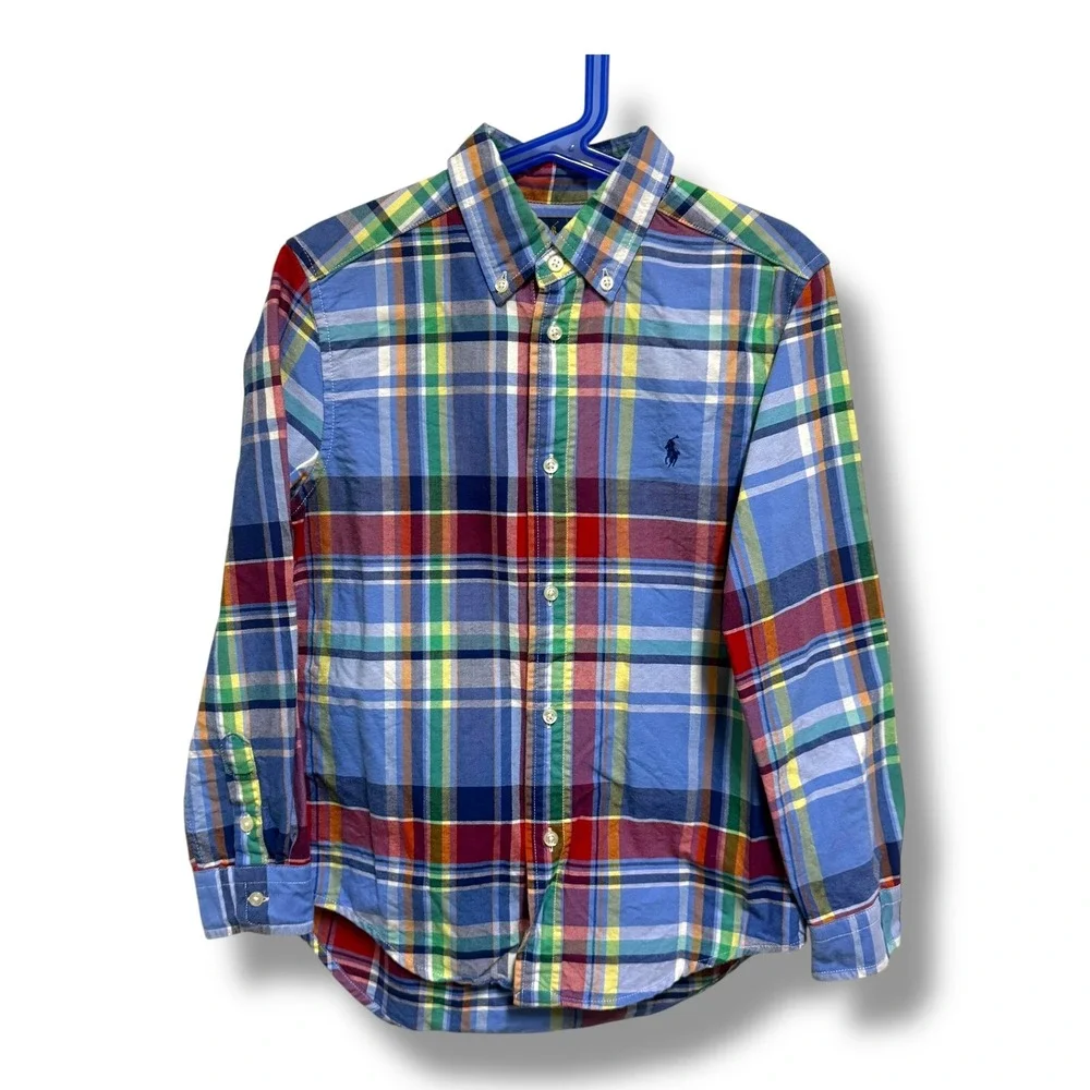 Ralph Lauren Boys Blue Multi Plaid Cotton Oxford Long Sleeve Button Down Shirt 7